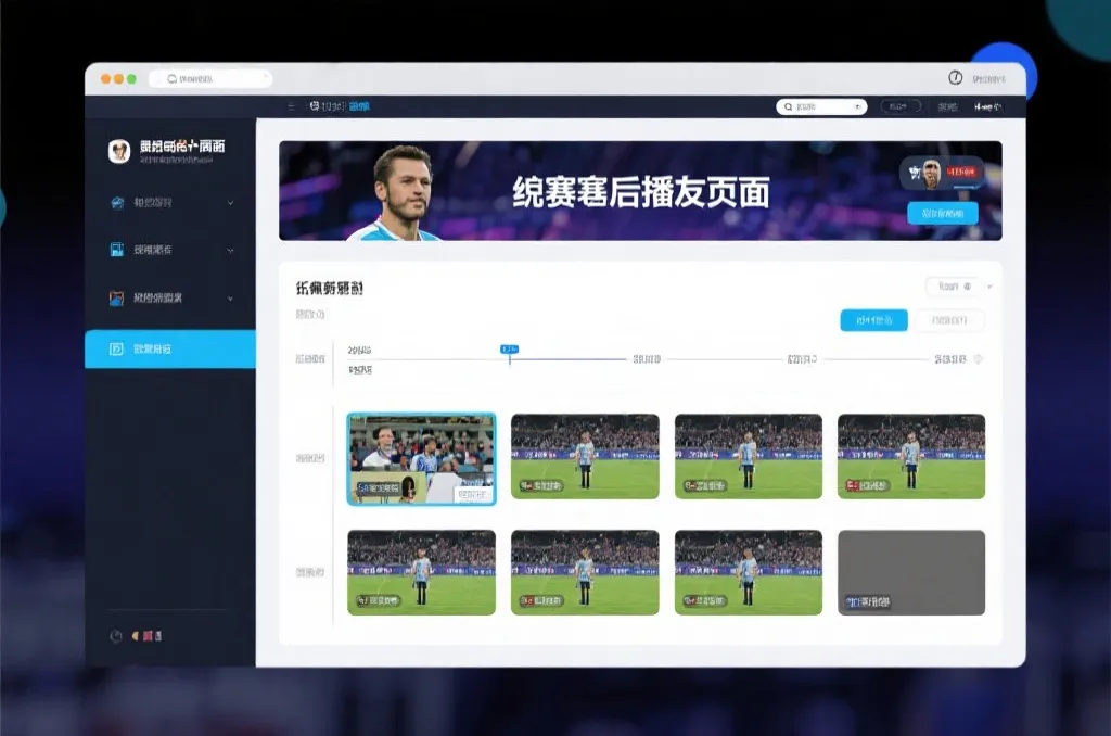 比赛结束后，电视屏幕展示集锦回放页面，旁边有时间轴和多角度切换提示